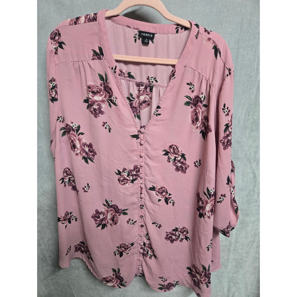 Torrid Pink Floral Button Front V-Neck Roll Tab Sleeve Blouse Plus Size 4 4X
